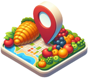 Illustration of produce and a map pin